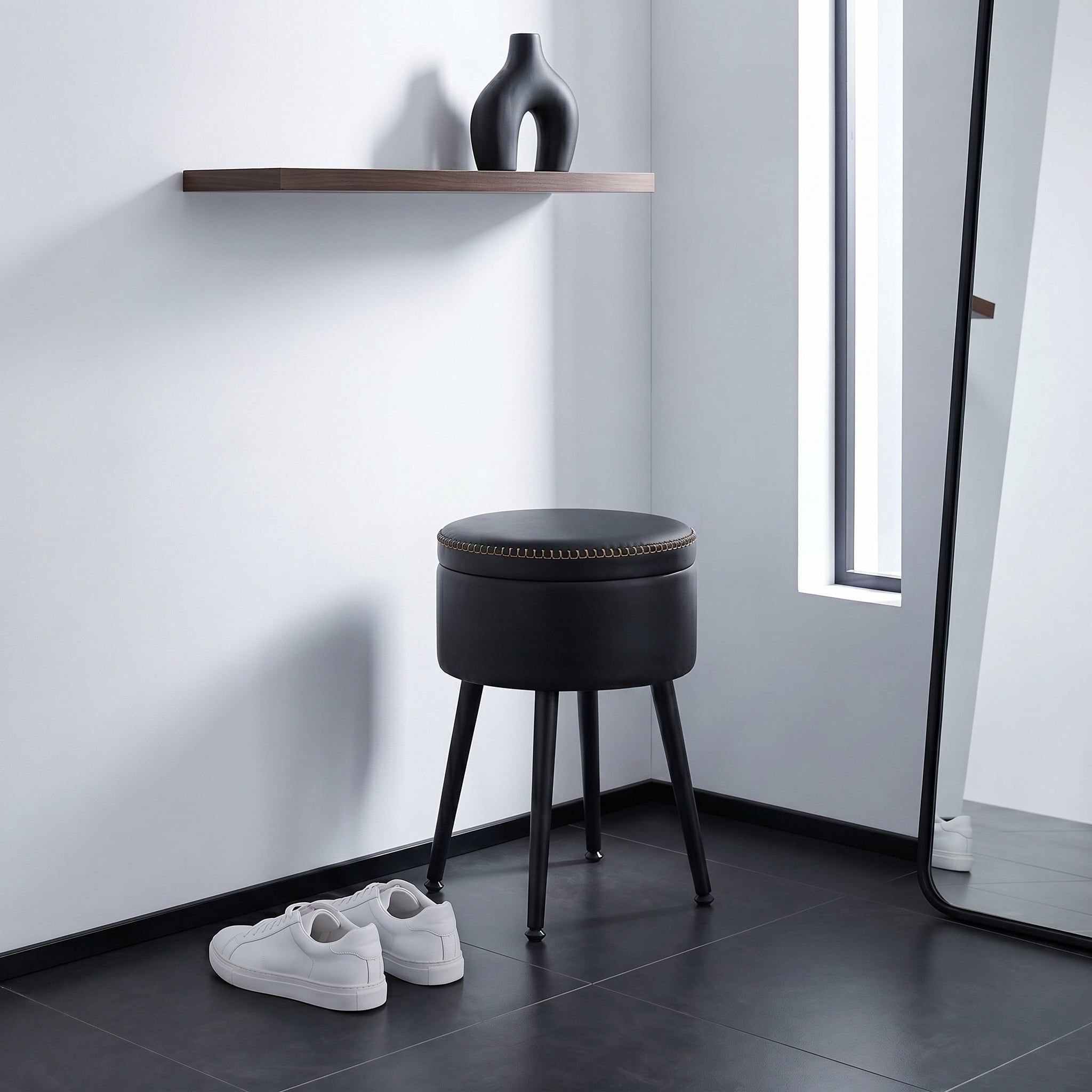 Nordic Hygge Round Storage Vanity Stool, Ink Black on Ink Black
