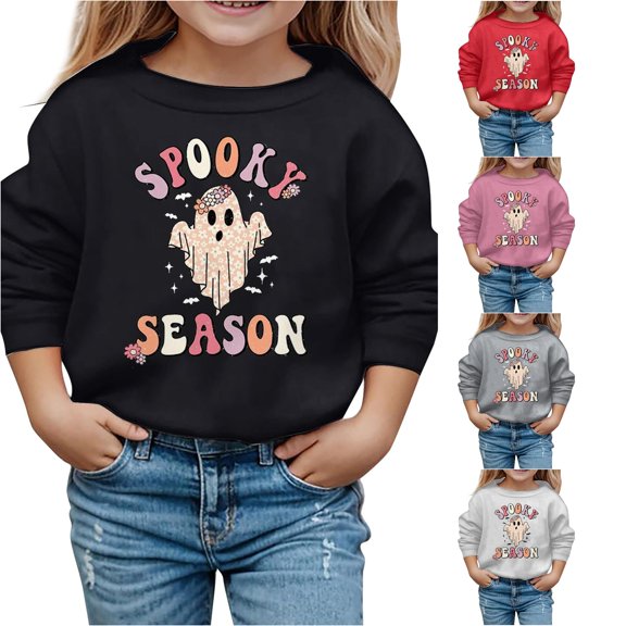 Krdevn Kids Retro Spooky Season Floral Ghost Bat Graphic Crewneck Sweatshirt Long Sleeve Casual Pullover Top for Halloween Holiday Outfit Black,8-9 Years