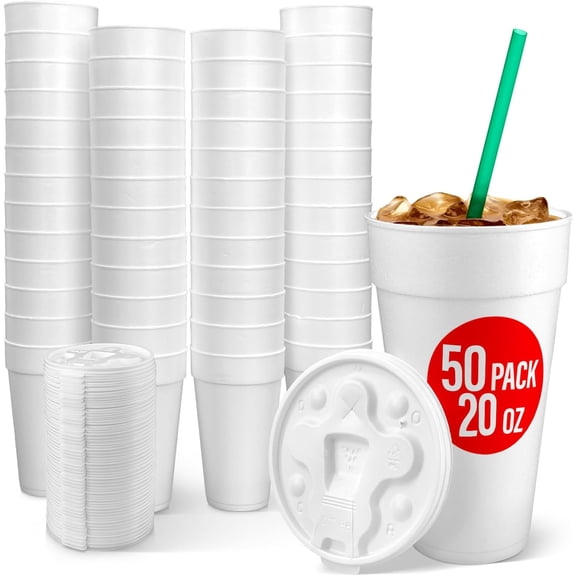 20 oz Foam Cups with Lids, 50 Pack - Insulated Disposable Styrofoam Cups for Hot & Cold Drinks, White Coffee Cups - Made in USA