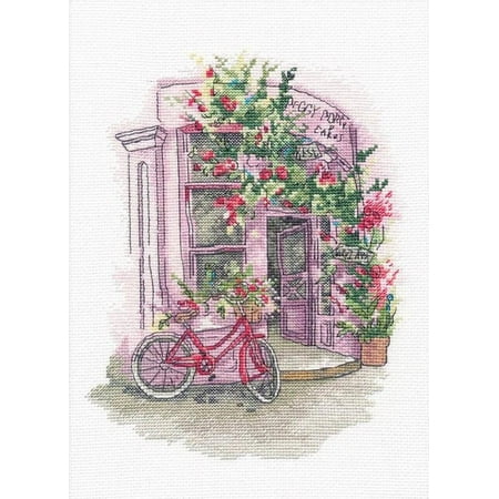 UPC: 4680021530883 | Counted Cross Stitch Kit Favorite café 1204 Needlework Easy Pink Flowers Bike By Oven