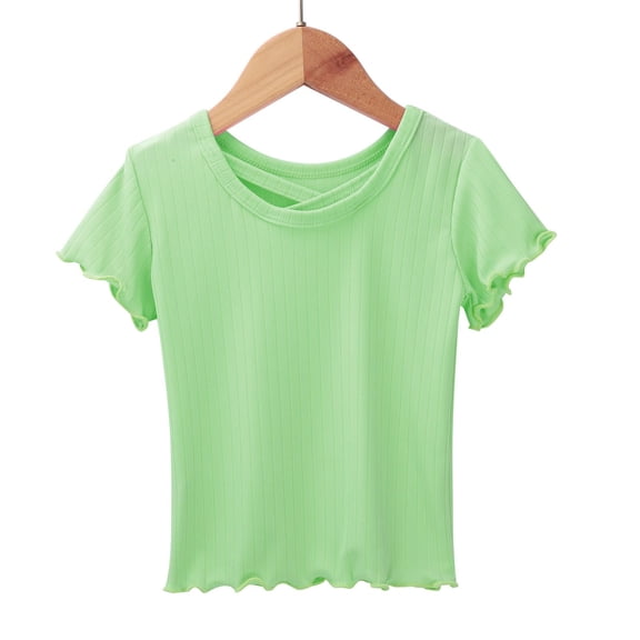 Dwellite Girls Lettuce Trim Short Sleeve Shirts Summer Ribbed Crewneck T Shirt for Kids Casual Blouse 1-10Y Green -BF06 120