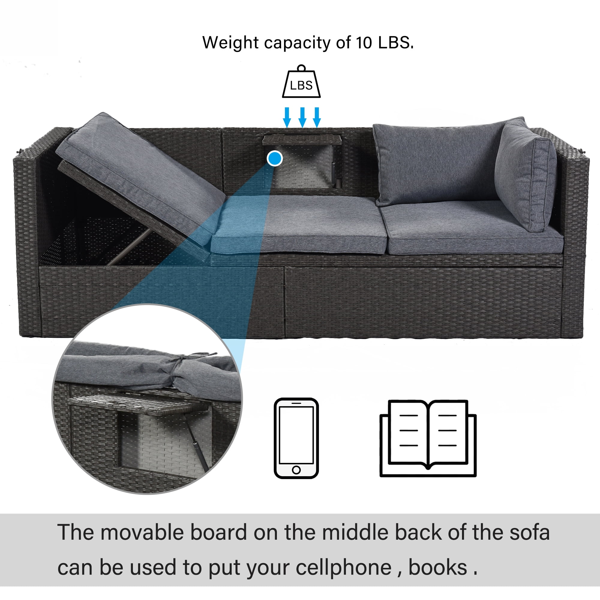 MAYEERTY Patio Rectangle Outdoor Sofa Wicker Sectional Retractable Canopy Washable Cushions