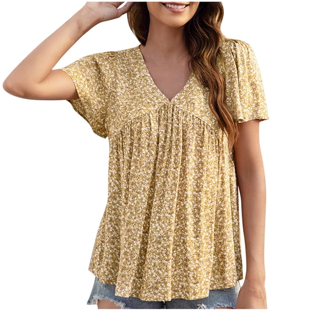 Blusas para Mujeres Casual, Impresión Floral Sólida de Gran Tamaño, Cuello de Manga Corta Blusa Superior