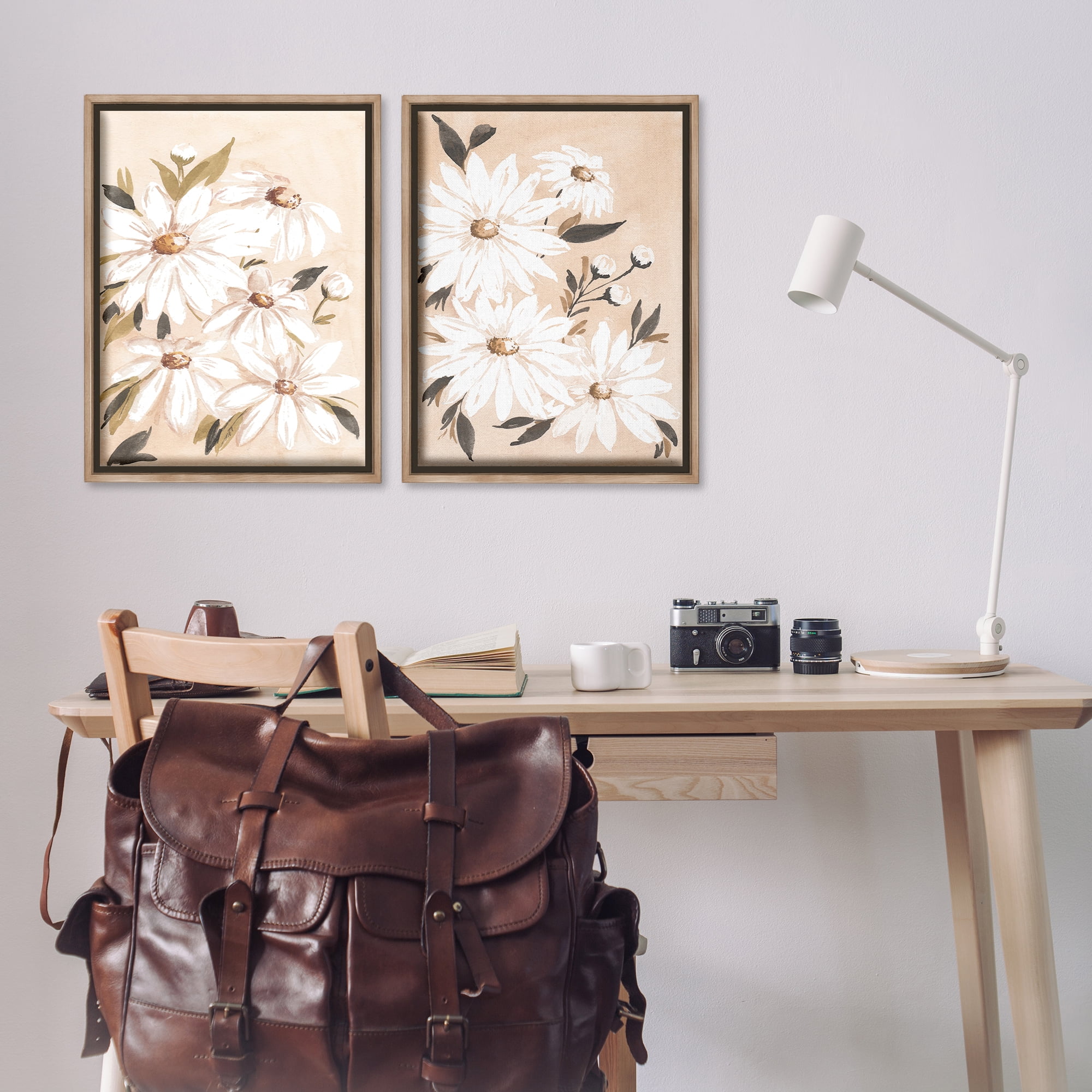 Stupell Industries White Daises on Peach Plants & Flowers Painting Brown Floater Framed Canvas Art Print Wall Art, 21 x 31, Set of 2