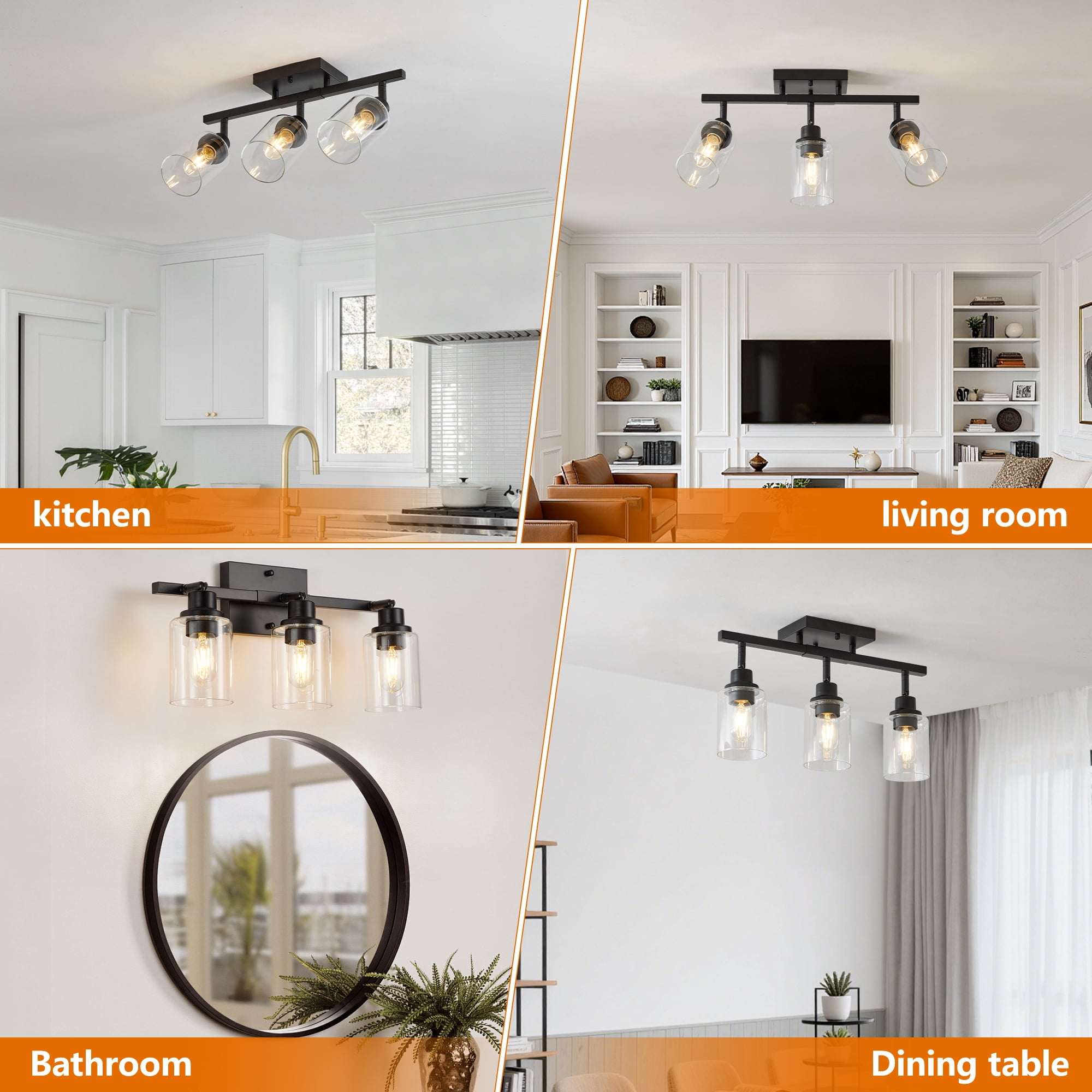 3-Light Semi Flush Mount Ceiling Light, Adjustable Black Track Lighting with Clear Glass Shades for Kitchen Hallway Foyer Bedroom (Bulbs Not Included)