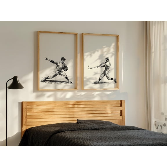 Vintage Baseball Prints Pitcher Batter Wall Art Classic Sports Decor Set 2