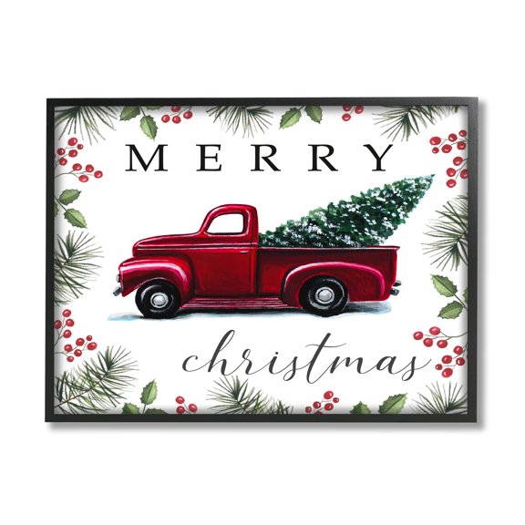 Stupell Industries Merry Christmas Traditional Red Truck Winter Holly Border, 20 x 16,Design by Elizabeth Tyndall