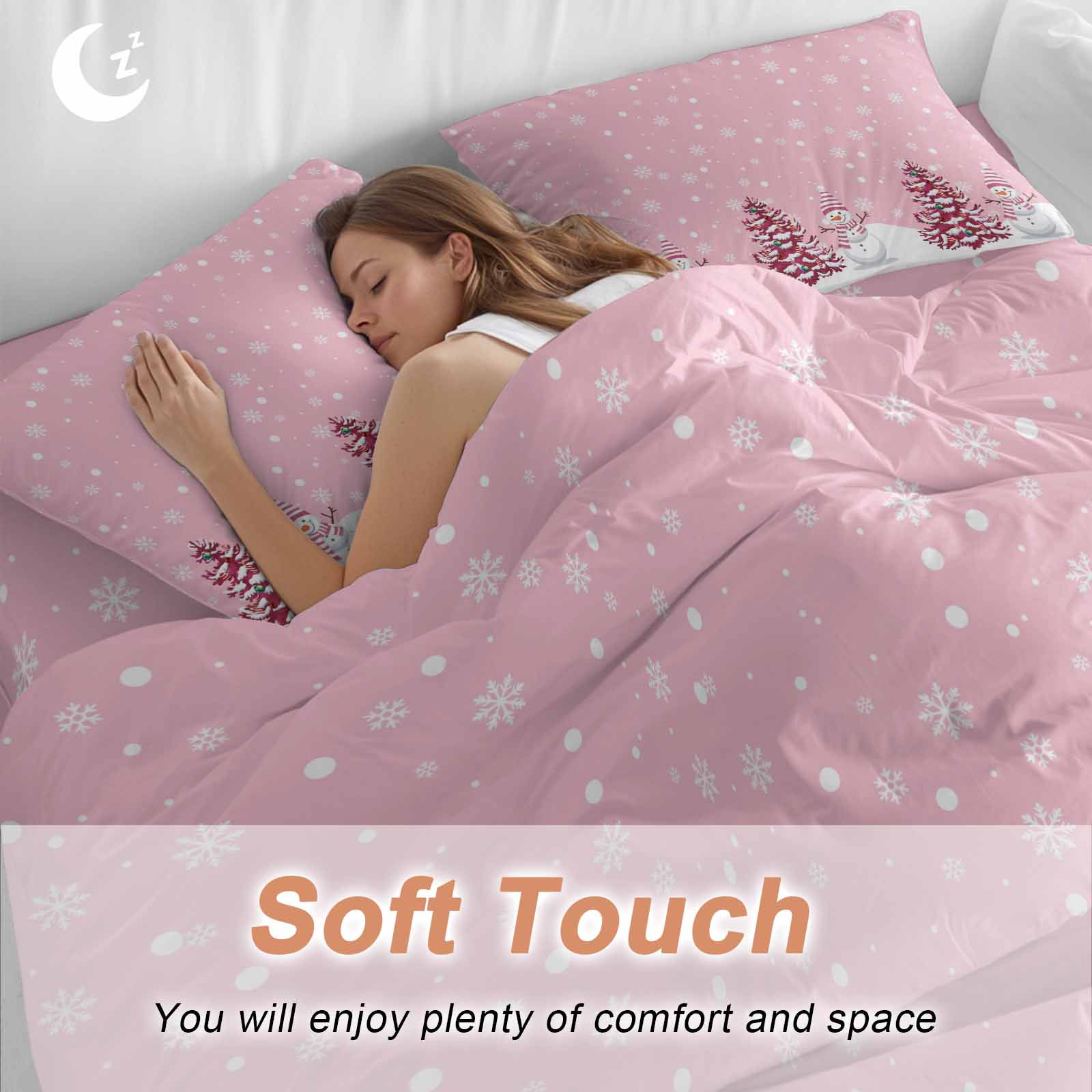 Pink Christmas Bedding Duvet Cover Set King Size 4 Pieces Snowman Christmas Tree Winter Snowflakes Bedding Set with Zipper Closure, 1 Comforter Cover 92x106 Inches 1 Flat Sheet & 2 Pillow Cases