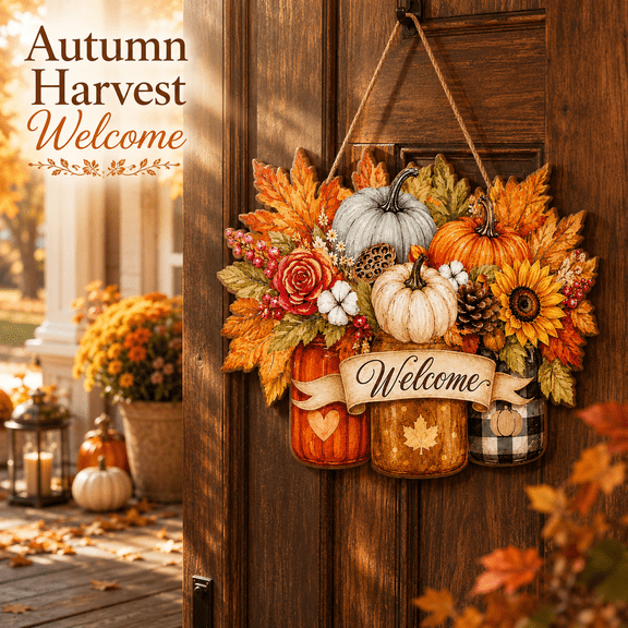 Fall Door Hanger Wooden Pumpkin Welcome Sign Front Door Autumn Decor