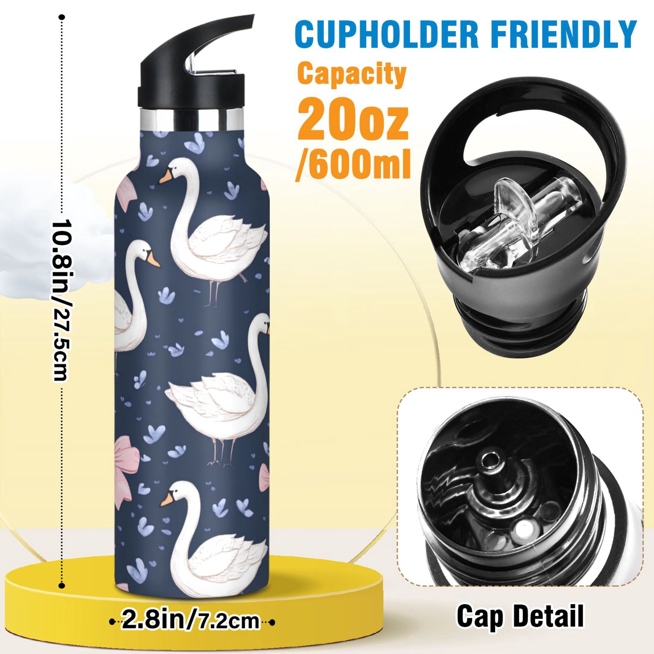 Kids Insulated Stainless Steel Sports Water Bottle 600ml (20oz) Swans and Pink Bows