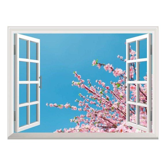 wall26 Removable Wall Sticker/Wall Mural - Cherry Blossom/Sakura Flowers Under Blue Sunny Sky | Creative Window View Home Decor/Wall Decor - 24"x32"