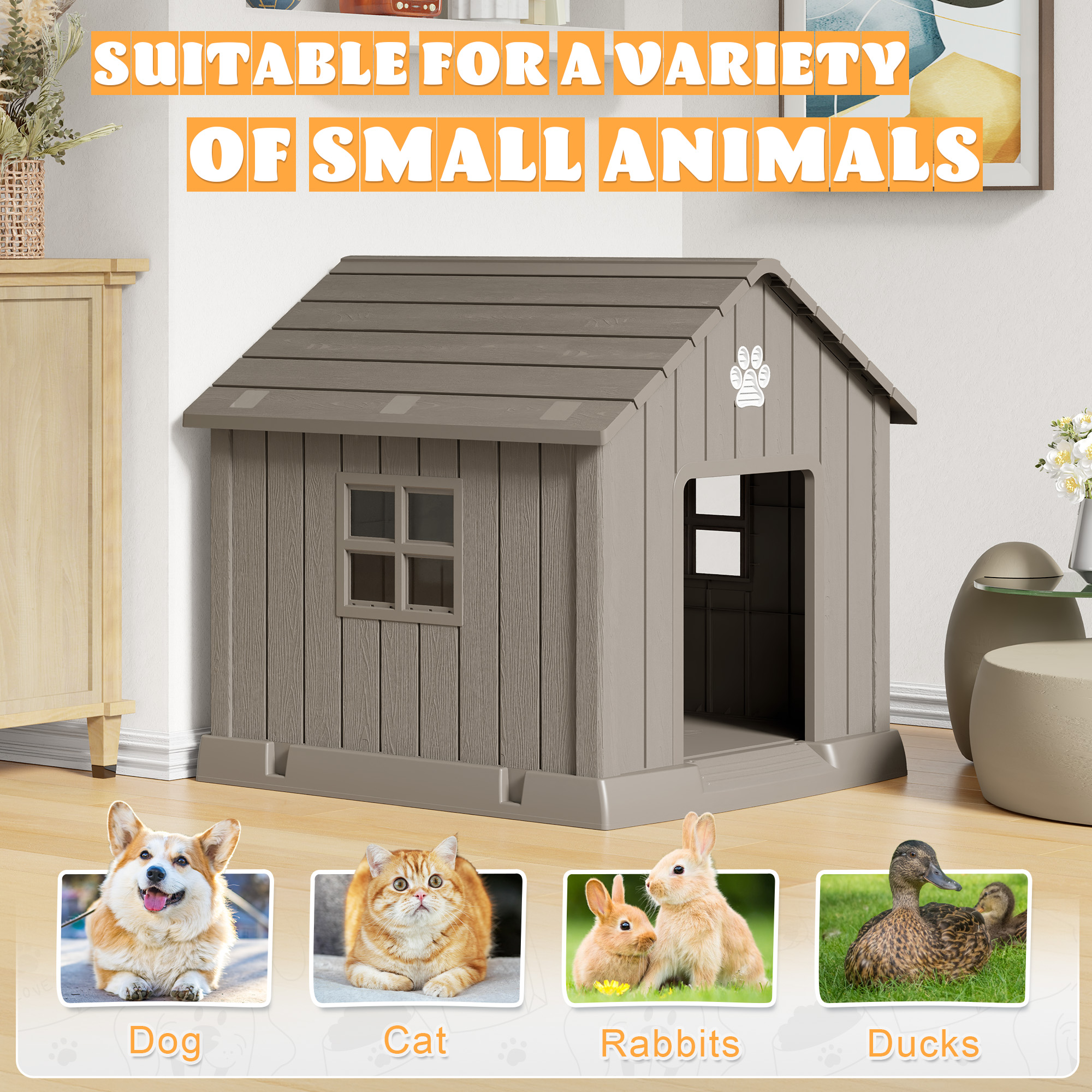 LHBcraft Dog House,Weatherproof Resin Shelter with Air Vents and Elevated Floor for Small-Medium Dogs,Dog kennel for Indoor&Outdoor,Gray,32.3" L x 29.9" W x 32.5" H