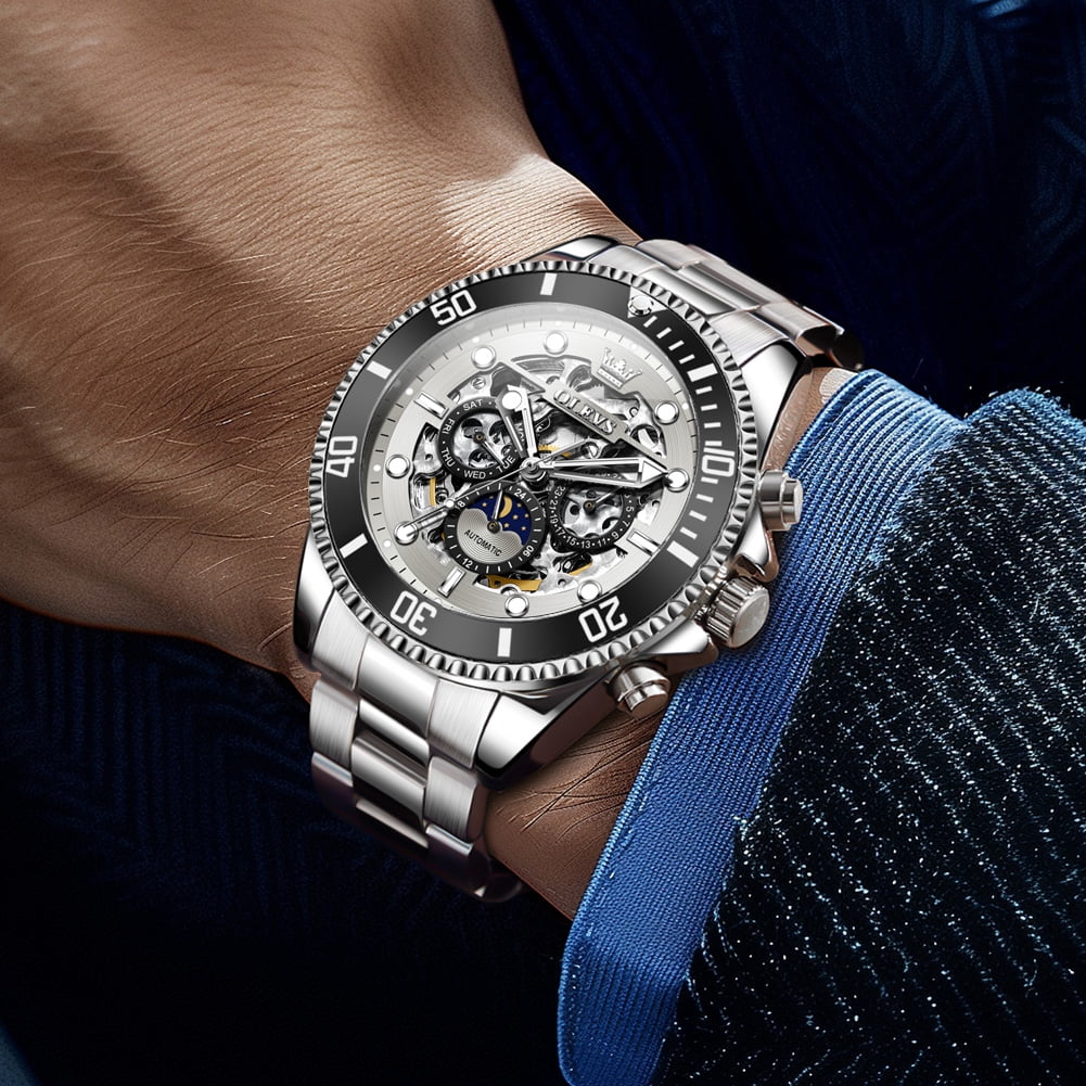 OLEVS Automatic Watches for Men Skeleton Self Winding Mechanical Fashion Dress Chronograph Moon Phase Stainless Steel Waterproof Luminous Mens Wrist Watches Gift Reloj Para Hombre