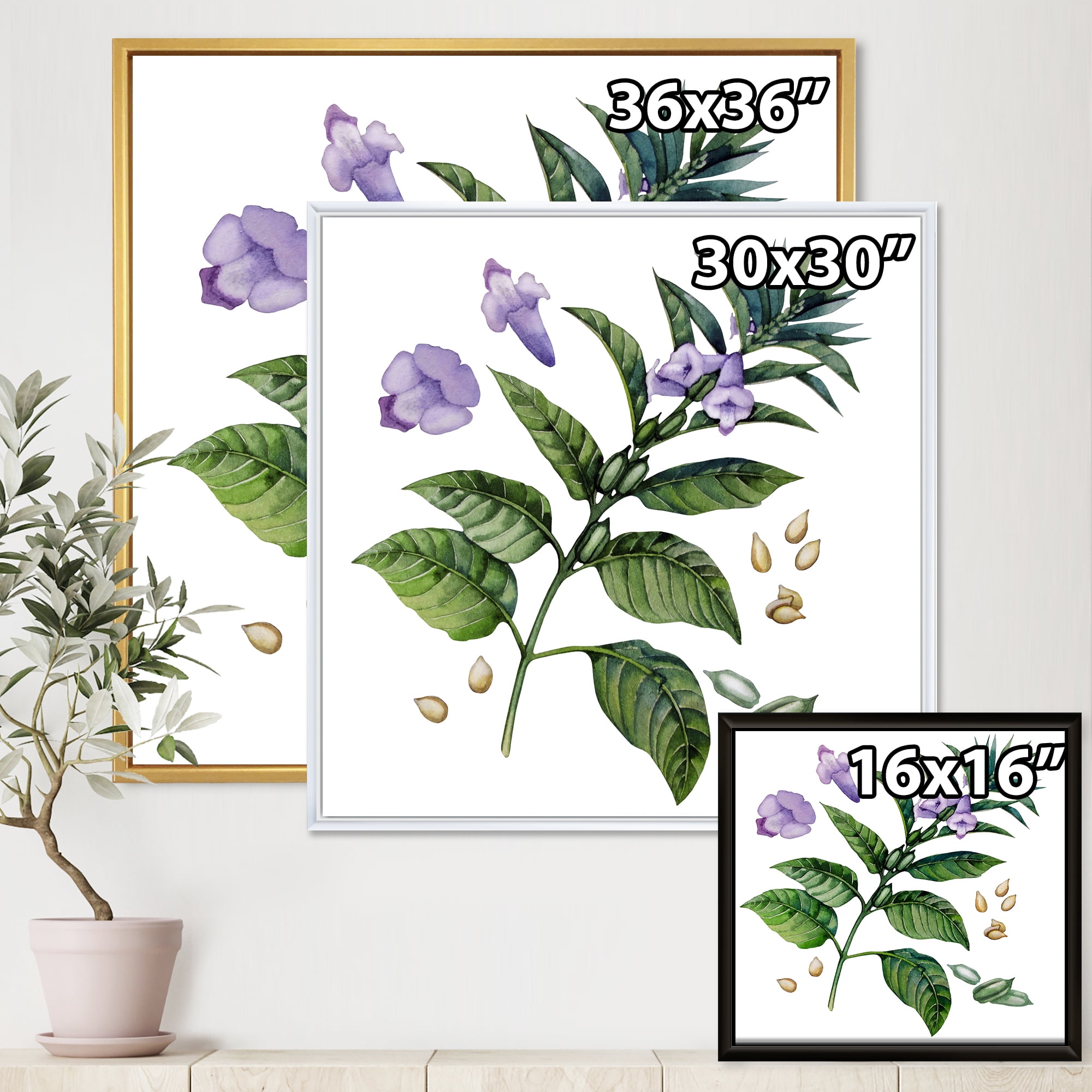 Designart 'Purple Sesame Flowers WIth Green Leaves On White' Traditional Framed Canvas Wall Art Print
