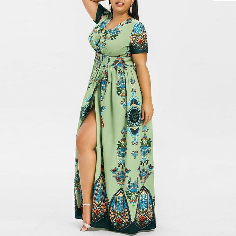 EHTMSAK Plus Size Dresses for Curvy Women,2024 Spring Summer Trendy Floral  Boho Maxi Dress,Elegant Flowy Bodycon Wedding Guest Dress Green 5XL 