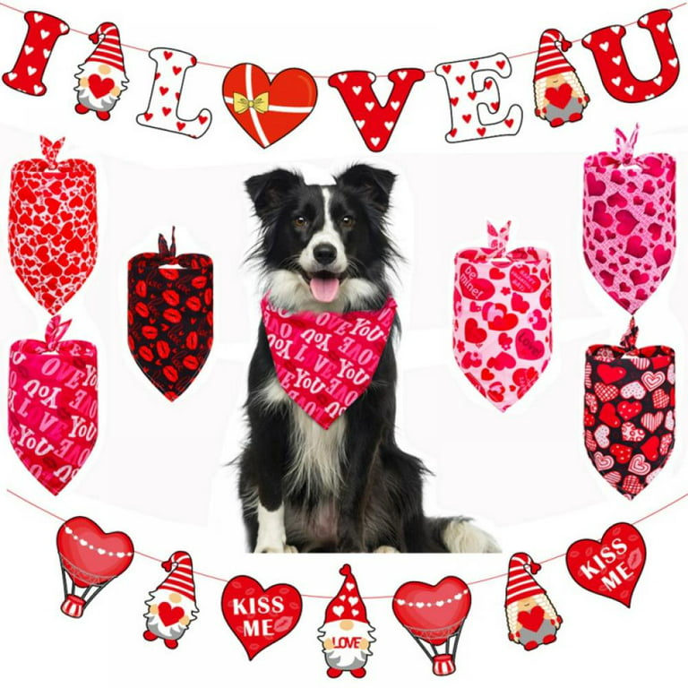 Valentine\'s Day Dog Bandanas, Valentine Heart Dogs for Cats Pets Washable Neckerchief, Triangle Scarf, Adjustable Love Kerchief Bibs