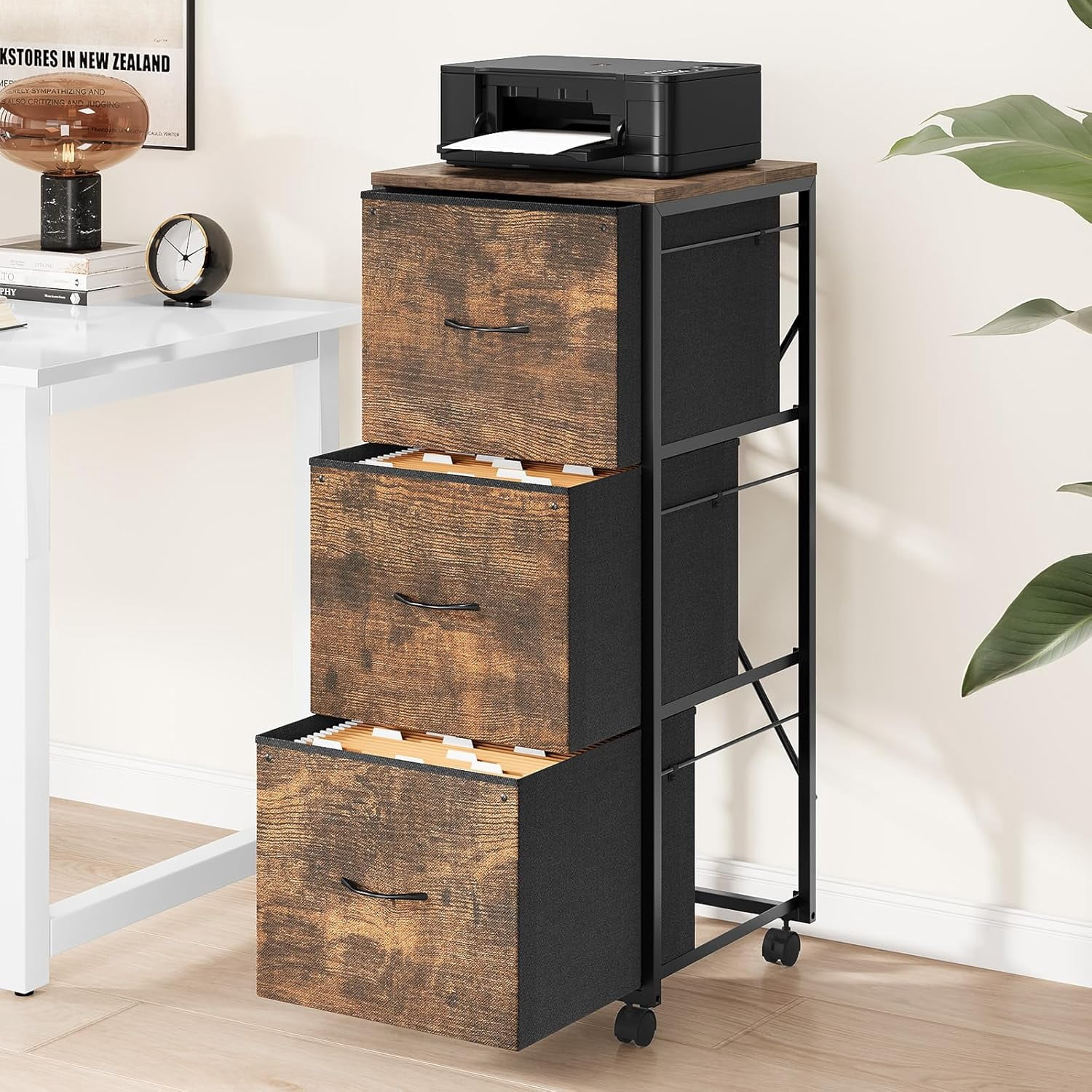 Ktaxon Height File Cabinet, Rolling File Cabinet Mobile Tall File Cabinet with Wheels, Fabric Drawers Printer Stand for Home Office, Fits Letter Size, Rustic Brown