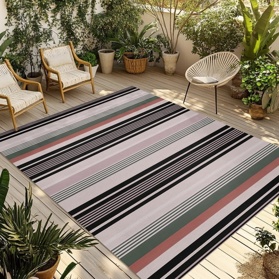 Pink Stripes Lines Outdoor Area Rug 4x6ft Decorative Indoor Outdoor Rug Black Classic Striped Patio Area Rug for Porch, Deck, Balcony, Entryway, Camping & RV