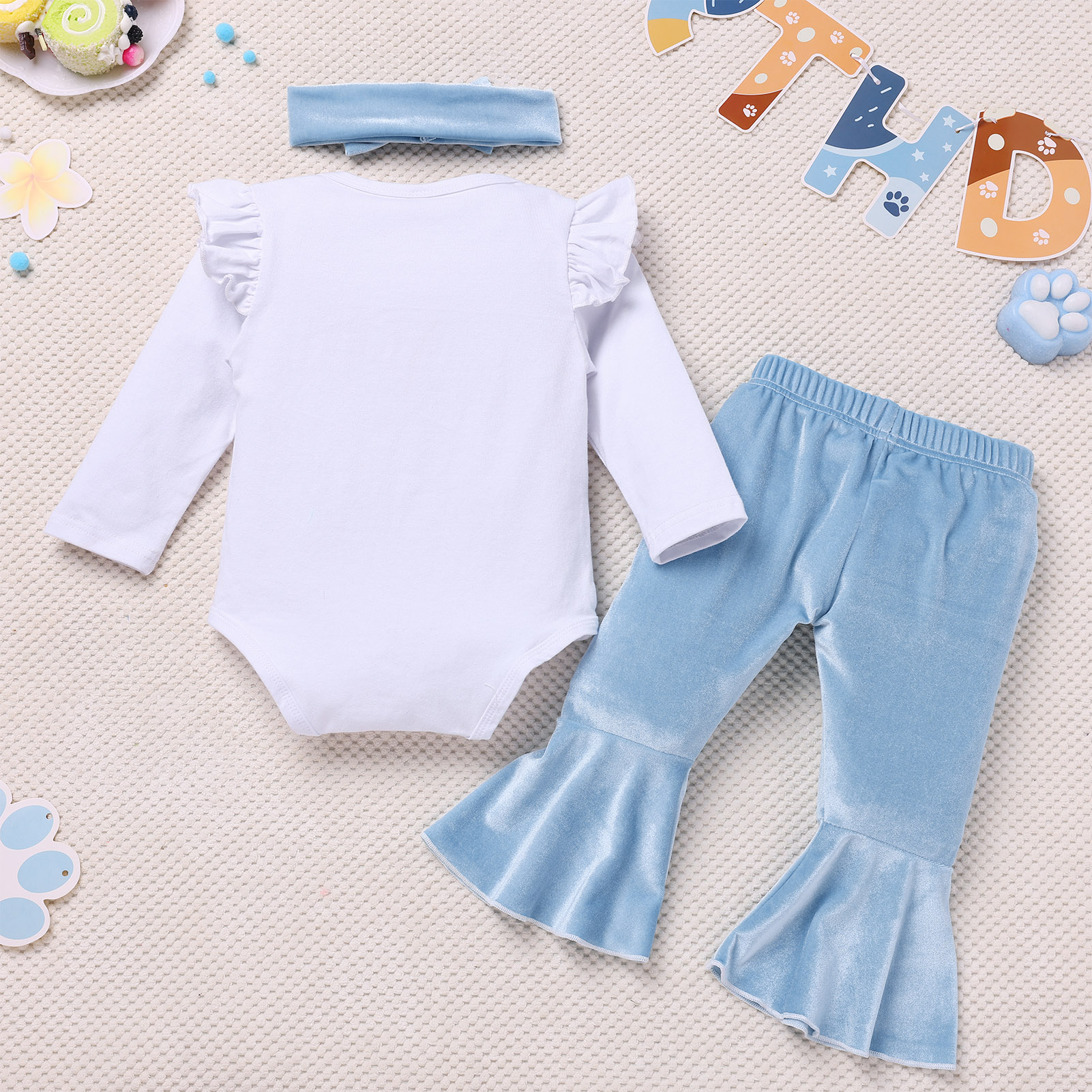 IDOPIP Baby Girls First Birthday Outfit Winter Snowflake One Romper+ Velvet Bell Pants Cake Smash Outfits