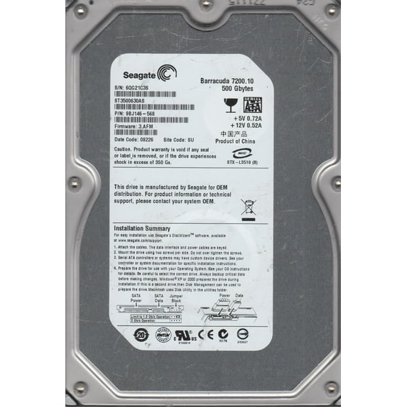 ST3500630AS, 6QG, SU, PN 9BJ146-568, FW 3.AFM, Seagate 500GB SATA 3.5 Hard Drive