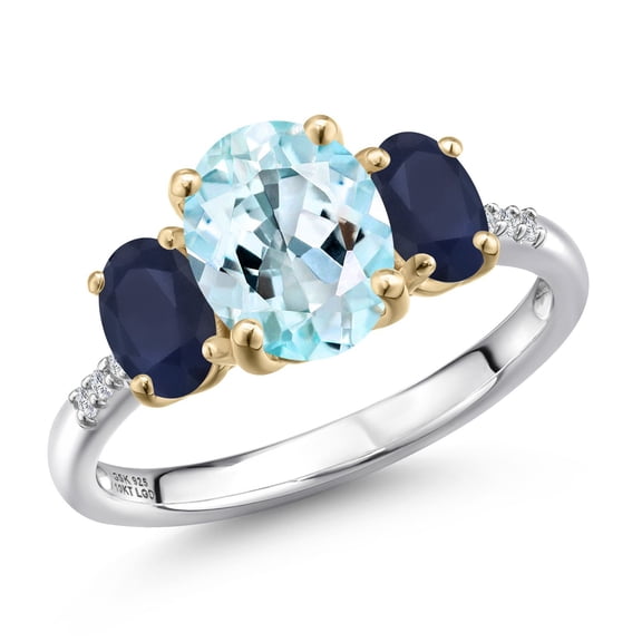 Gem Stone King 925 Silver and 10K Yellow Gold Sky Blue Topaz and Blue Sapphire and Lab Grown Diamond Engagement Ring for Women | 3.17 Cttw | Oval 9X7MM | November Birthstone | Size 6