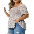 thumbnail image 4 of Unique Bargains Women's Plus Size Blouses Smocked Bow Tie Short Sleeve Peplum Tops 1X Pink, 4 of 6