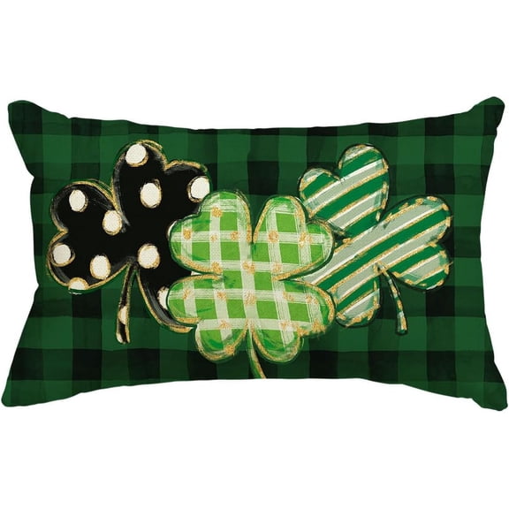 St Patricks Day Clover Grey Buffalo Plaid Green Throw Pillow Cover, 12 x 20 Inch Polka Dot Shamrock Cushion Case Decoration for Sofa Couch