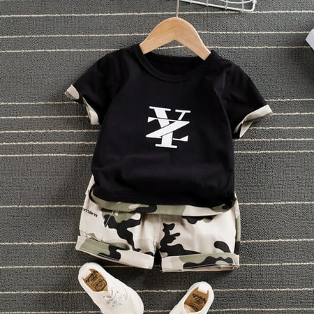 

Journey Toddler Boy Fashion Clothes Kids Summer Cotton Outfits Short Sleeve T-Shirt Sets For Children(Black 110cm)