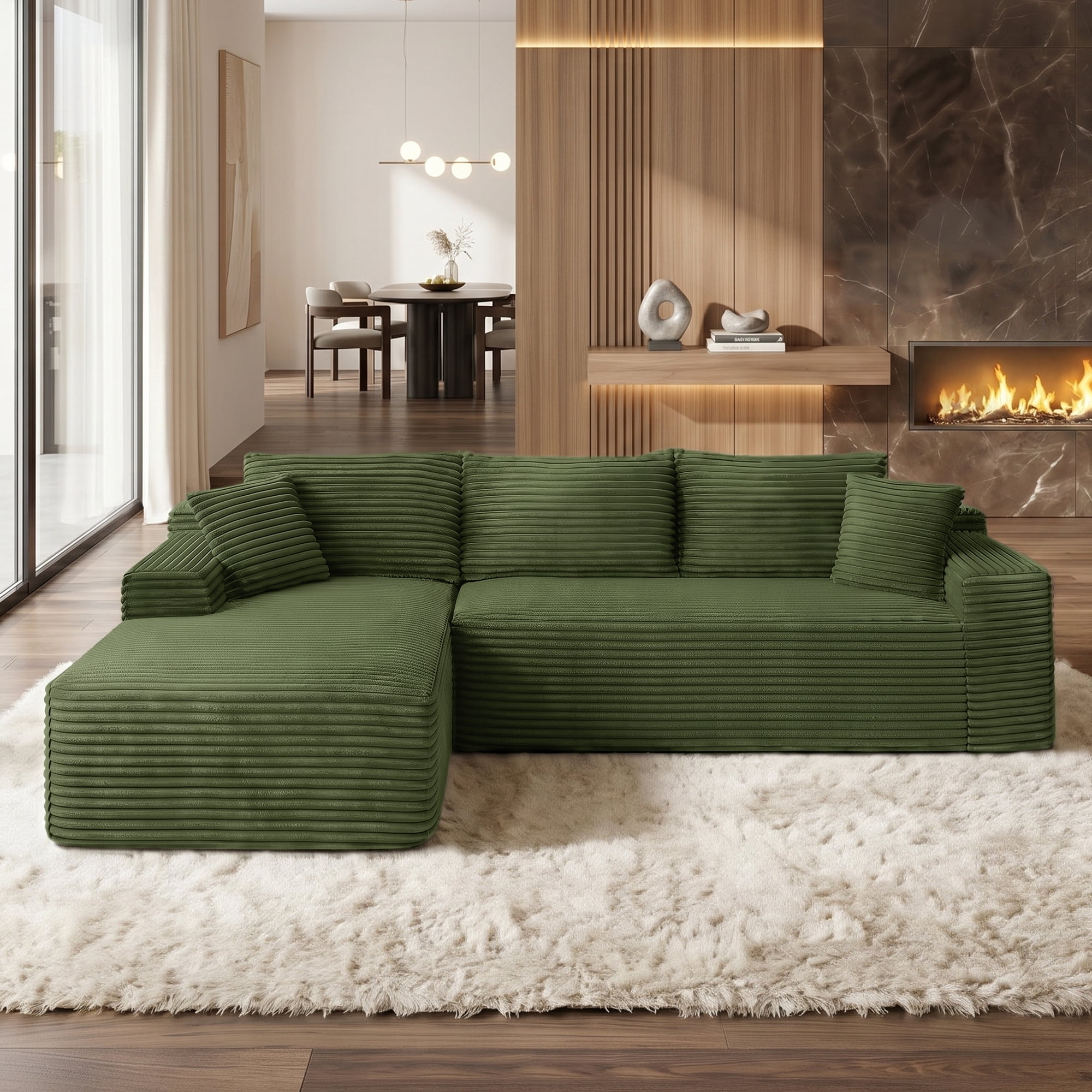 Aukfa 96" Cloud Sectional Couch, Modular L Shaped Boneless Sofa with Left Facing Chaise&2 Storage Pockets, Green