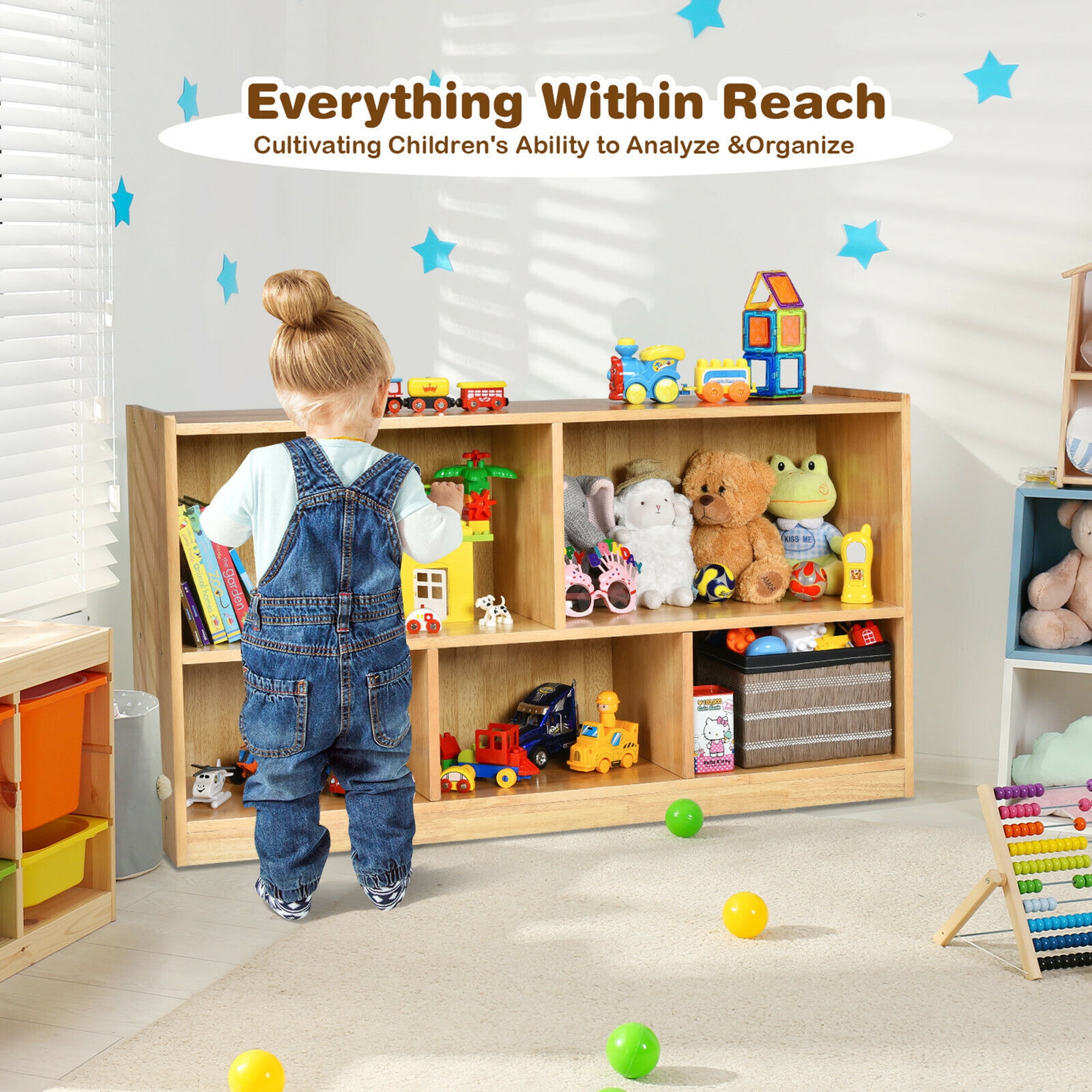 Gymax Kids 2-Shelf Wood Bookcase Organizer 5-Cube Storage Cabinet Natural
