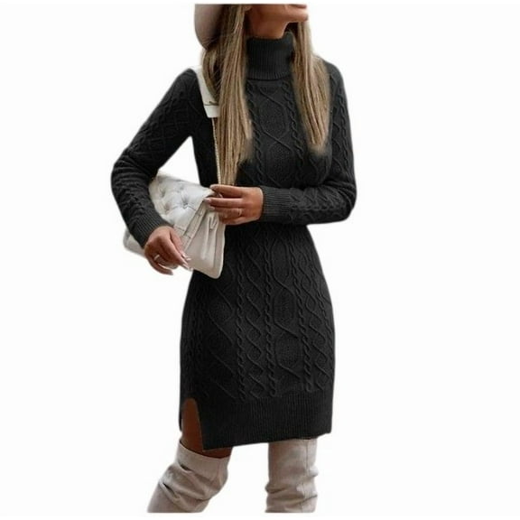 HAJWOH Sweater Dresses for Women 2025 Fall Winter Long Sleeve Ribbed Knit Pullover Dress Turtleneck Bodycon Fashion Long Fall Sweaters Dresses Black L