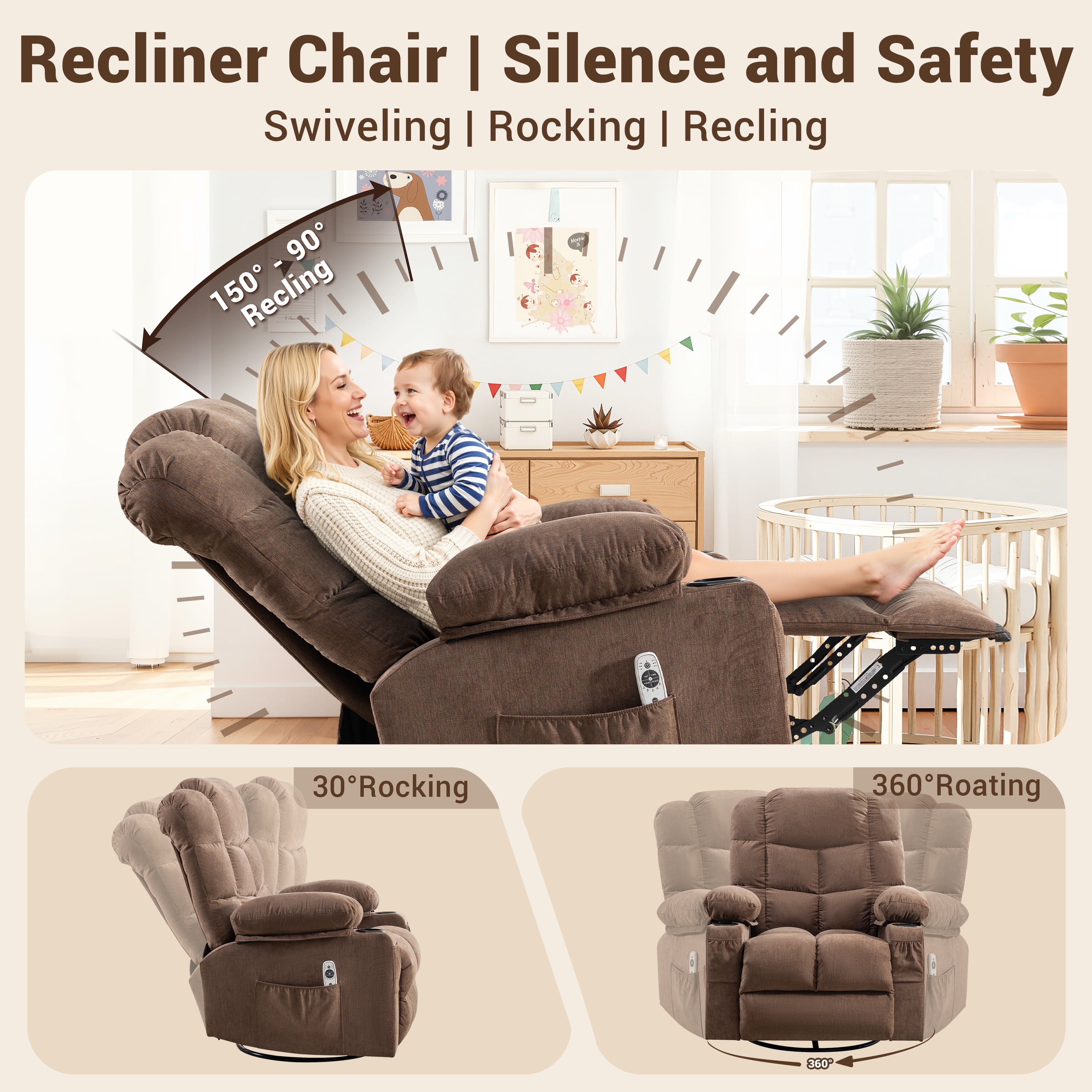 Swivel Rocker Chair, LEGAHOME Manual Glider Rocking Chair for Nursery with Massage and Heat, 22.8in Glider Massage Recliner Chairs for Adults, with Cup Holder and Side Pocket, Brown