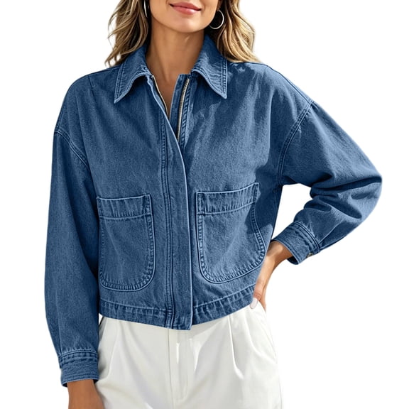 CBASIHI Cropped Denim Shirt Jackets for Women- Long Sleeve Fall Oversized Casual Zip Up Jean Jacket Blue Size S