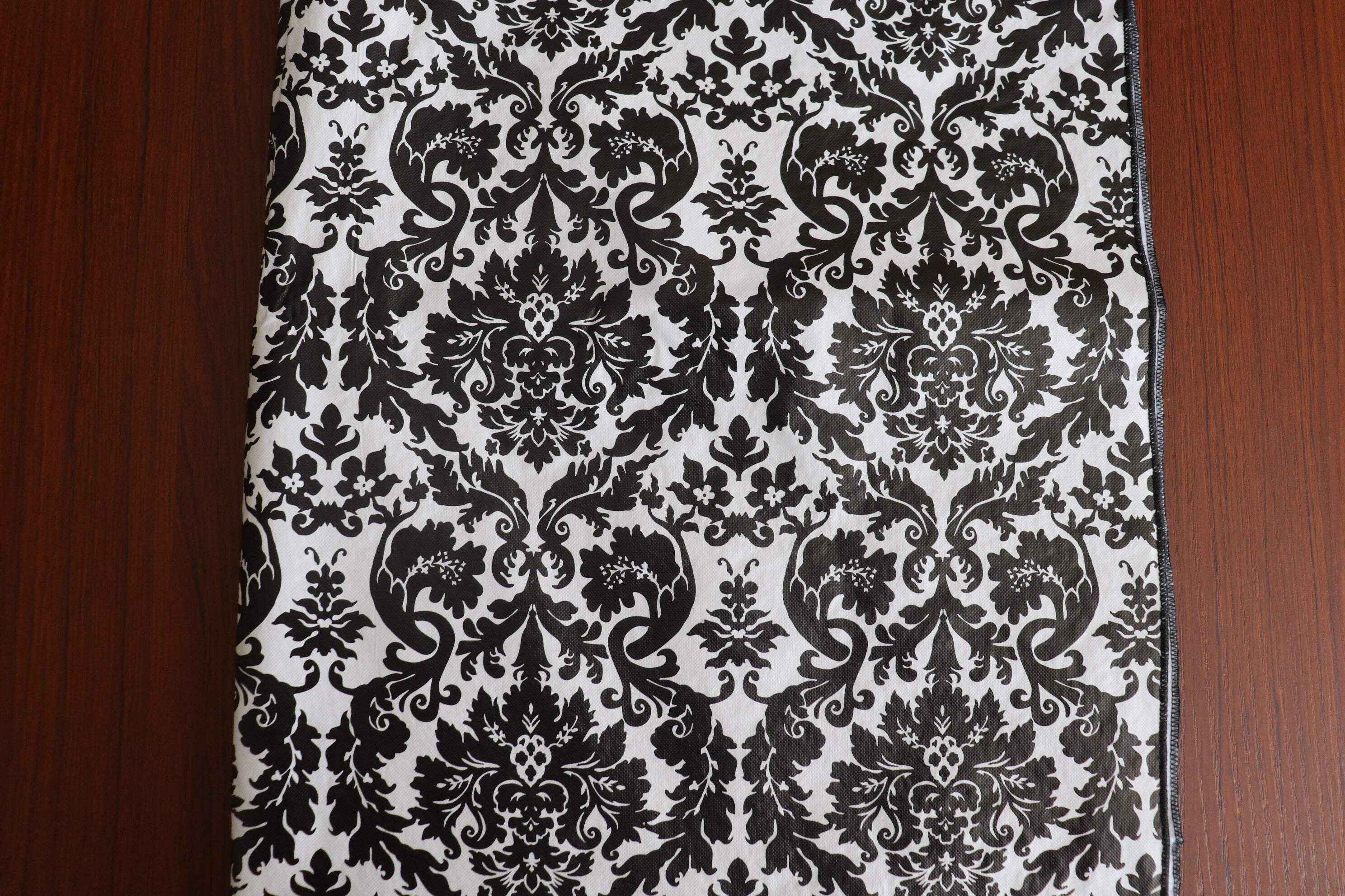 Plastic Table Runner Non-Slip Flannel Backing - Damask Black White