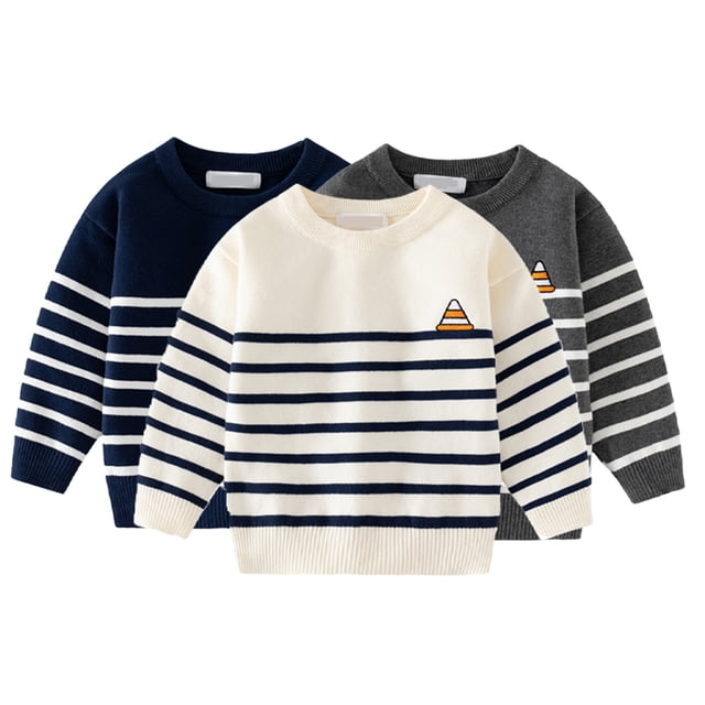 Beautyzll Chandail Tricoté à Rayures pour Garçons Bébé Automne Doux Col Rond Chandail 1-7T