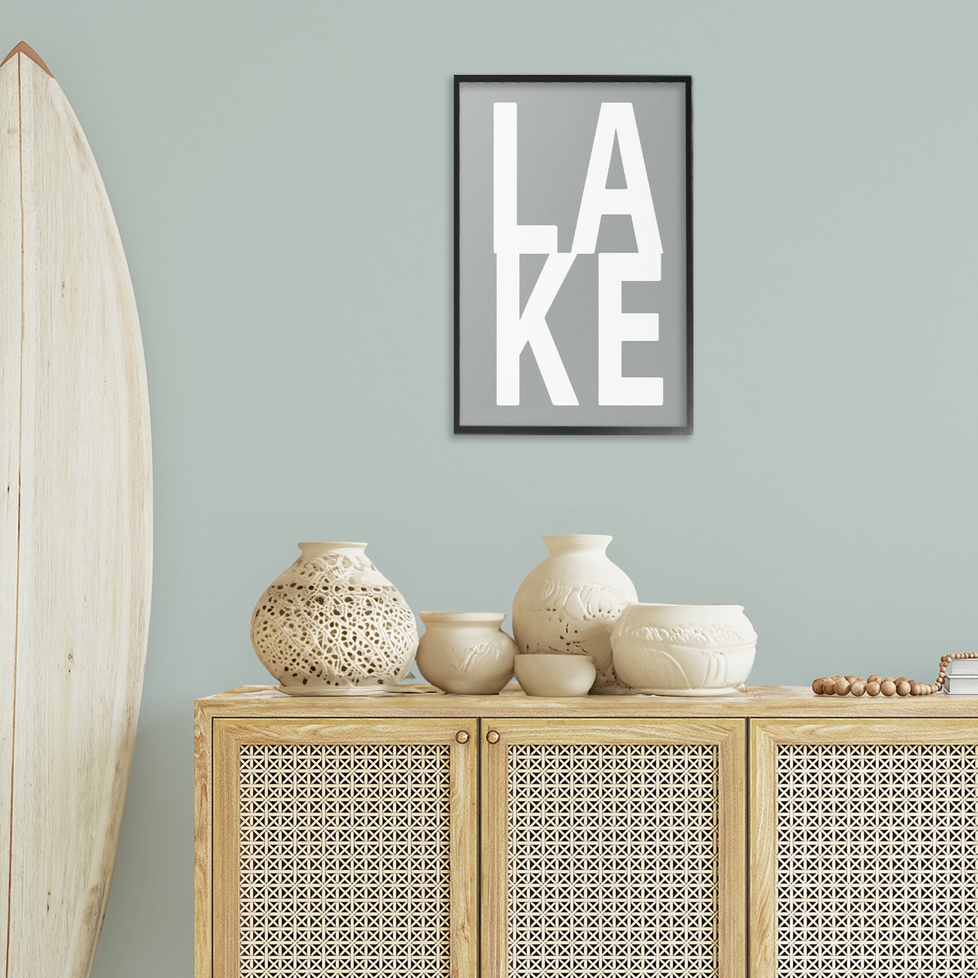 Stupell Industries Lake Word on Grey Typography Painting Black Framed Art Print Wall Art, 16 x 24