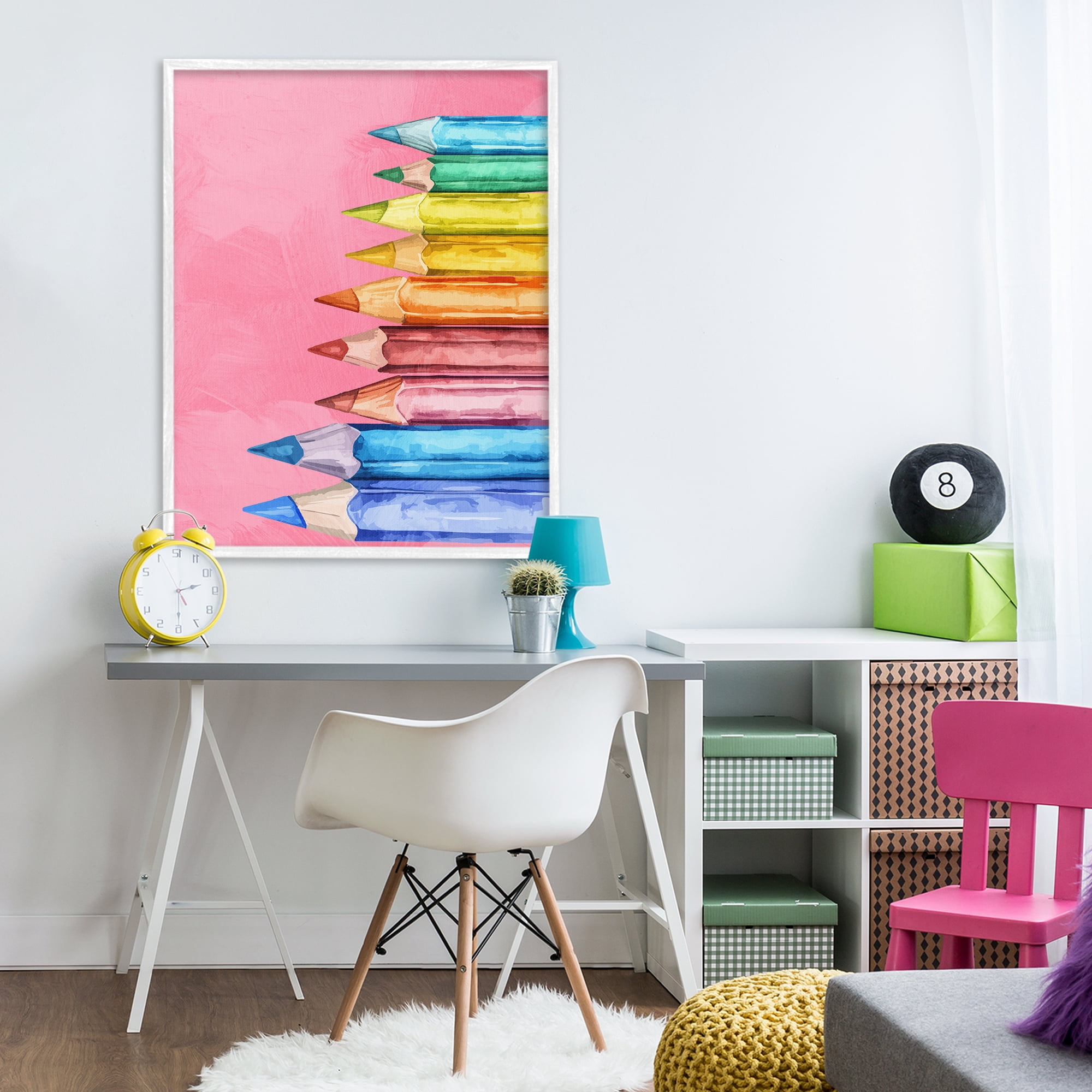 Stupell Industries Vibrant Pencils on Pink White Framed Giclee Art, design by Kim Allen