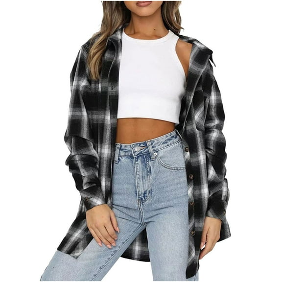 2026 under $5 asdoklhq Womens Coats Plus SizeWomen's Spring And Autumn Lapel Top Loose Casual Buttoned Long Sleeve Plaid Shirt Jacket