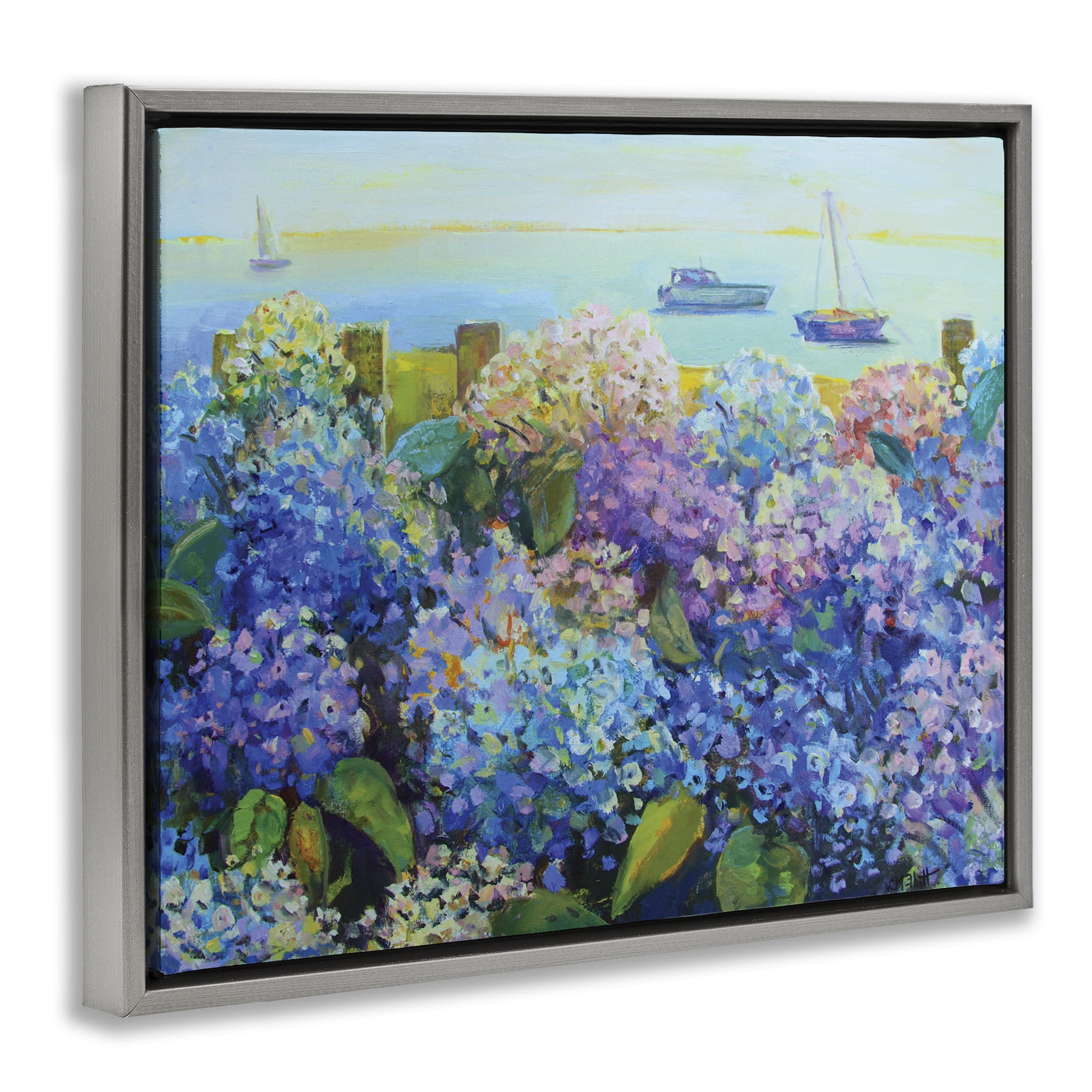 Stupell Industries Hydrangea By The Sea Landscape Painting Gray Floater Framed Art Print Wall Art, 31 x 25