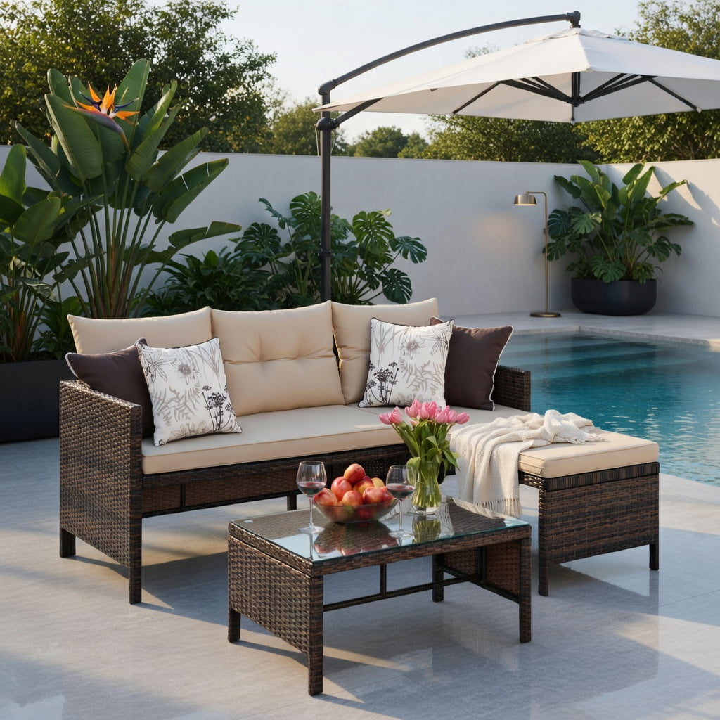 Hommoo 3-Piece Outdoor Wicker Patio Sofa Set with Tempered Glass Coffee Table, Rattan Sectional for Backyard, Deck or Balcony, Brown