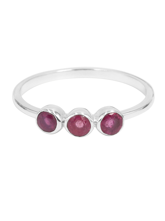 Earth Gems Jewelry Ruby Ring for Women, 925 Sterling Silver Three-Stone Minimalist Promise Ring