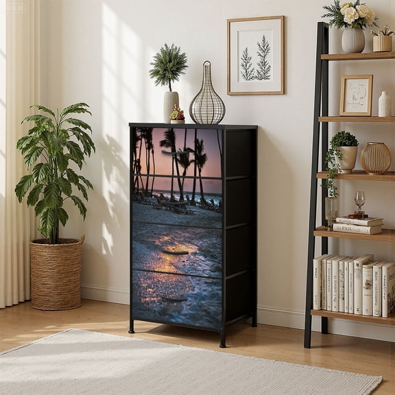 4 Drawer Vertical Storage Dresser Beautiful tropical beach silhouettes palm trees with Wood Top Fabric Pull Drawers