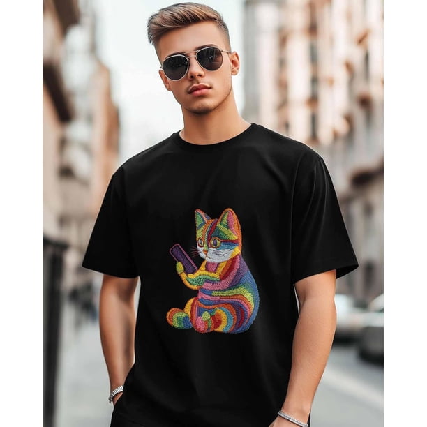 Camisetas de manga corta con diseño de gato y teléfono móvil para hombre, camisetas de cuello redondo