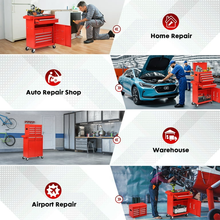 5-Drawer Rolling Tool Chest With Lock - 2-in-1 Steel Storage, Locking Wheels, Red, For Garage