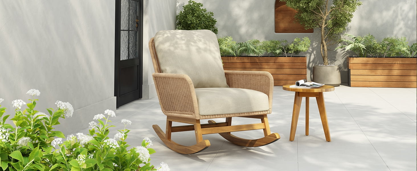 Euroco Modern Wicker Rocking Chair with Cushions, PE Rattan Patio Rocker with Wooden Frame for Indoor & Outdoor Use