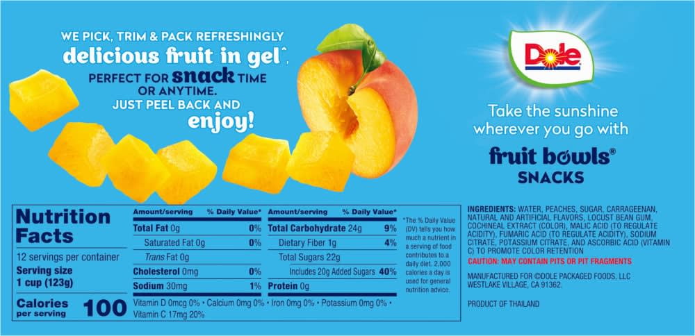 (2 pack) Dole Fruit Bowls Diced Peaches in Strawberry Gel, 4.3 oz Cups (12 Pack)