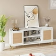 thumbnail image 1 of Meuble TV en Rotin pour Téléviseurs jusqu'à 65 Pouces, Console Multimédia 58 Pouces avec 2 Portes Coulissantes, Centre de Divertissement de Ferme avec Étagère Réglable pour Salon, Chambre, 1 of 7