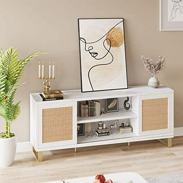 Meuble TV en Rotin pour Téléviseurs jusqu'à 65 Pouces, Console Multimédia 58 Pouces avec 2 Portes Coulissantes, Centre de Divertissement de Ferme avec Étagère Réglable pour Salon, Chambre