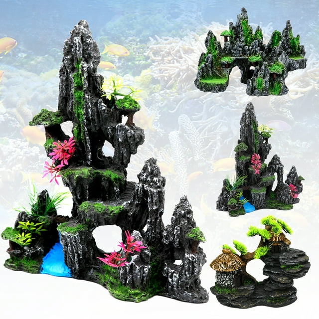Flmtop Resin Simulation Mountain Rockery Aquarium Ornament Fish Tank Landscape Crafts
