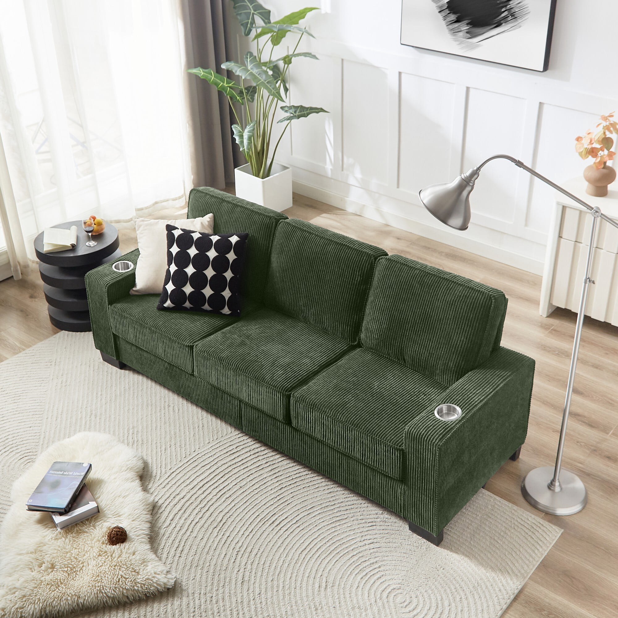 AENKYO 84" Modern Corduroy 3-Seater Sofa, Compressed Couch with Built-in Cup Holders & Washable Covers, Green